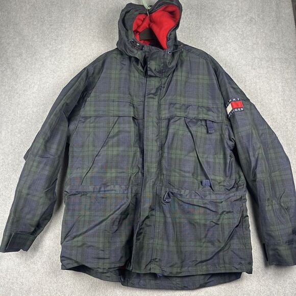 Vintage Tommy Hilfiger Jacket Mens S Green Blue Plaid Zip Hood Ski Y2K Oversized